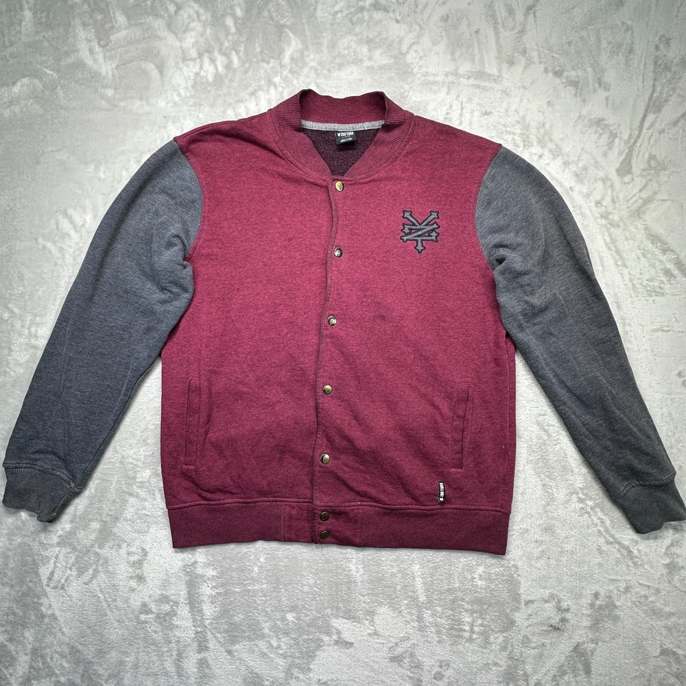 Zoo York Varsity Jacket Mens Size Large Red Gray Fleece Lined Snap Front